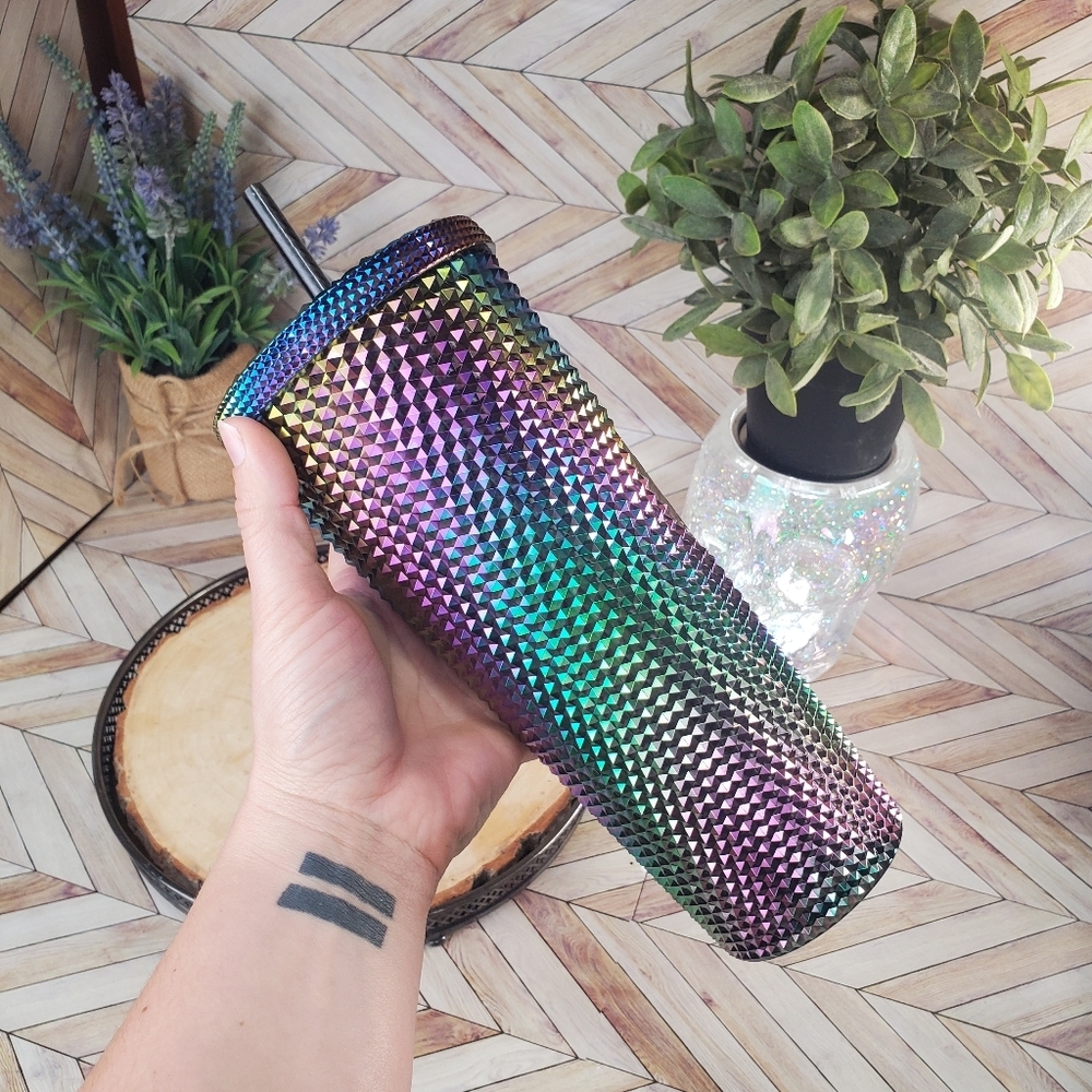 Starbucks Venti Studded Tumbler Black PVD Metallic Oil Slick Rainbow Bling NWT - Picture 3 of 5